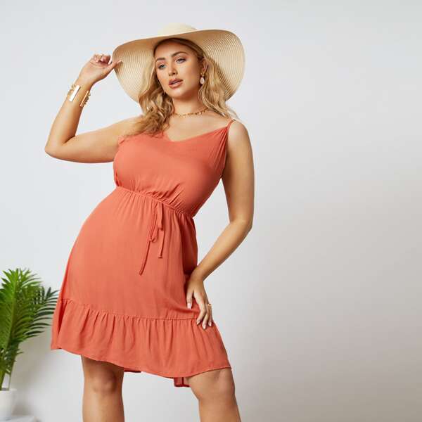 

Plus Knot Front Ruffle Hem Cami Dress, Coral orange