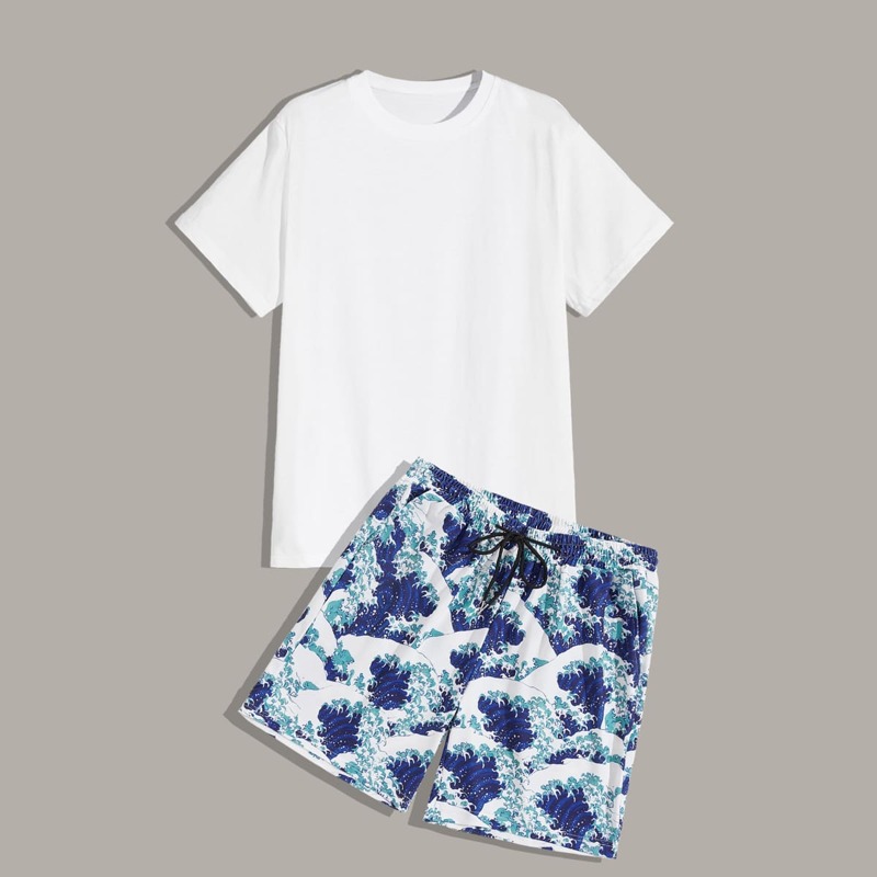

Guys Solid Tee & Wave Graphic Drawstring Shorts, Multicolor