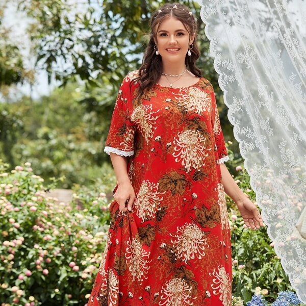 

Plus Allover Floral Lace Trim Night Dress, Red