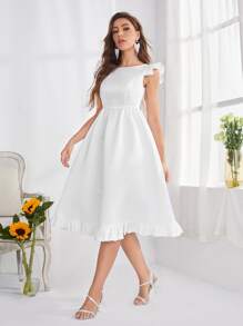 Modelyn Ruffle Hem A-line Dress Without Belt - White - View 3