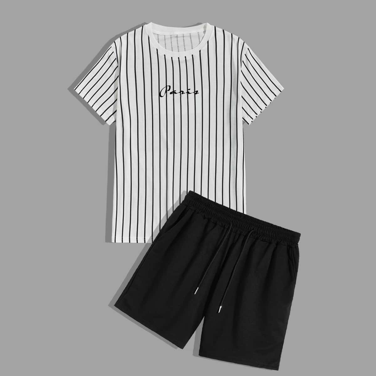 

Guys Letter Striped Tee & Drawstring Shorts, Black and white