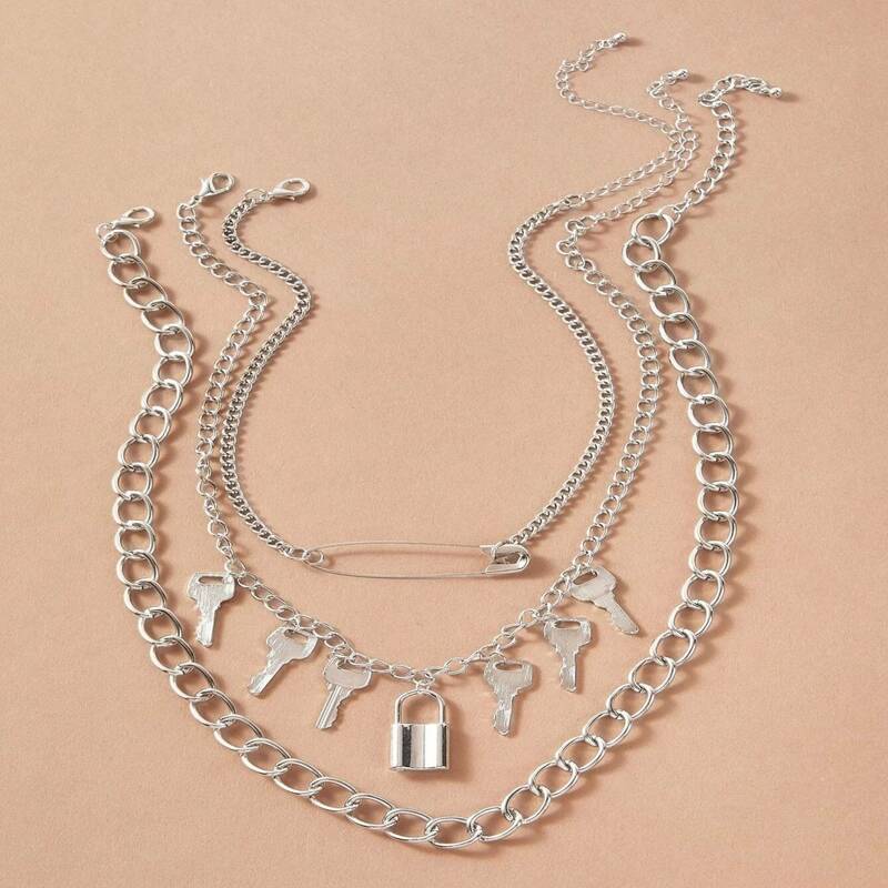 

Lock & Key Layered Chain Necklace, Silver