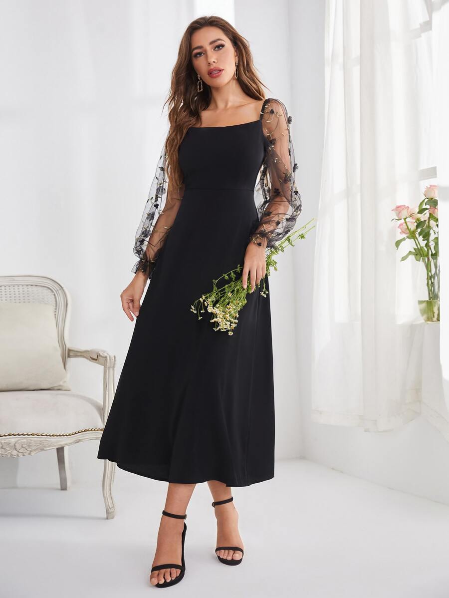 Modelyn Embroidery Mesh Flounce Sleeve A-line Dress - Black - View 1