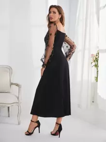 Modelyn Embroidery Mesh Flounce Sleeve A-line Dress - Black - View 2