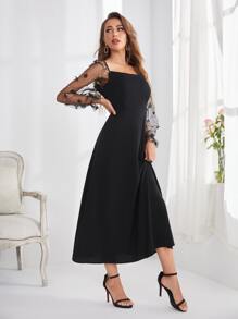 Modelyn Embroidery Mesh Flounce Sleeve A-line Dress - Black - View 4