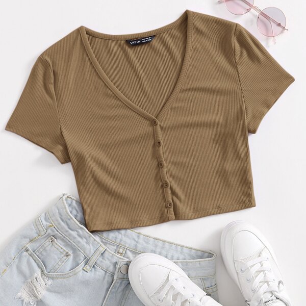 

Button Front Rib-knit Tee, Khaki