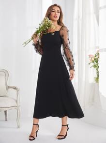 Modelyn Embroidery Mesh Flounce Sleeve A-line Dress - Black - View 5