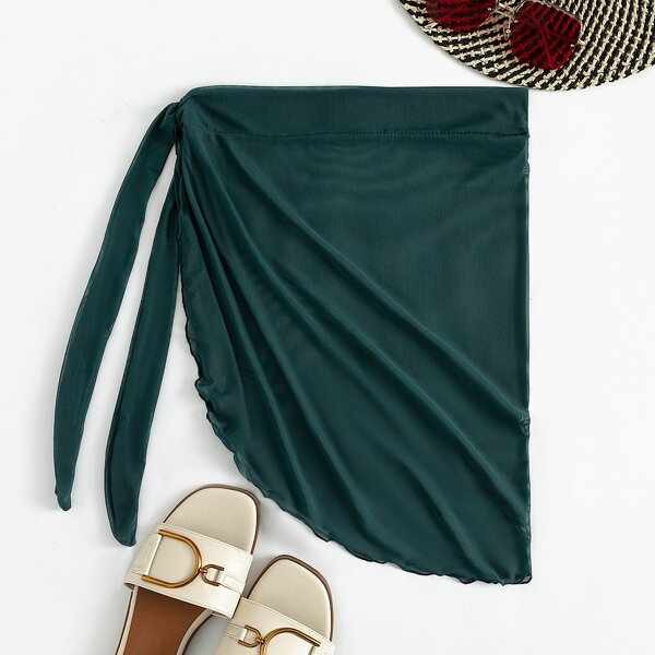 

Knot Waist Sheer Cover Up Skirt, Dark green