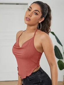 SHEIN Privé 垂褶領後繫帶手帕上衣 - 乾枯玫瑰色 - 查看 5