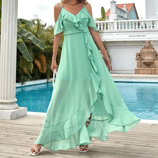 

Ruffle Trim Cold Shoulder Asymmetrical Hem Maxi Dress, Mint green