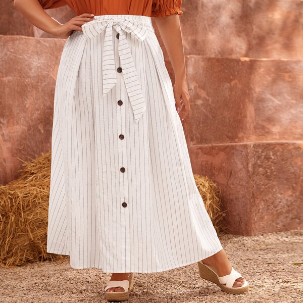 

Plus 60% COTTON Button Front Belted Striped Skirt, White