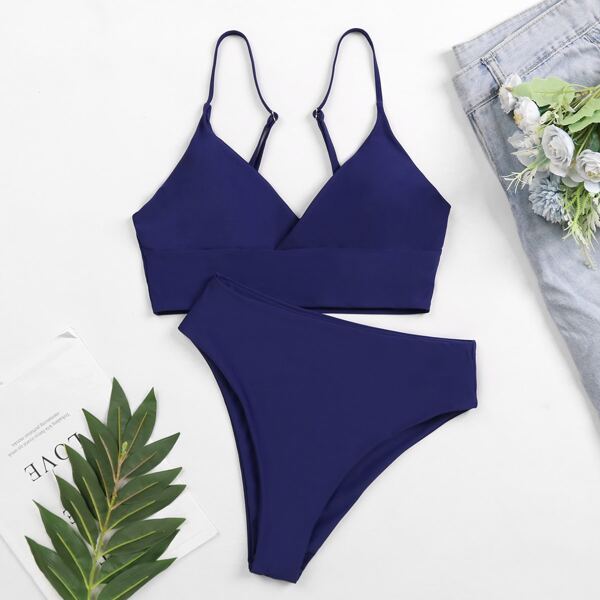 

Plain High Waisted Bikini Swimsuit, Navy blue