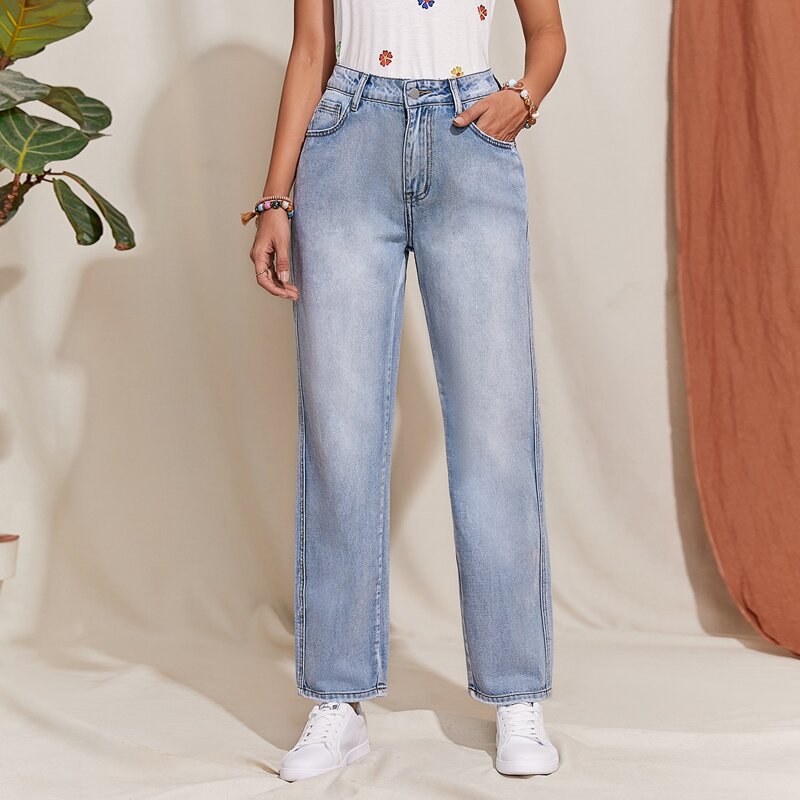 

High Waist Straight Leg Jeans, Light wash