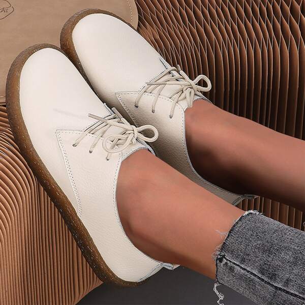 

Lace Up Front Oxford Flats, Beige