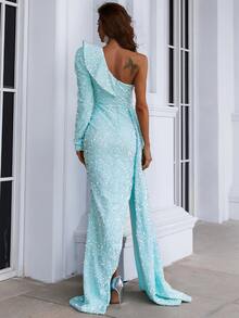 Missord One Shoulder Split Thigh Sequin Prom Dress - Mint Blue - View 2