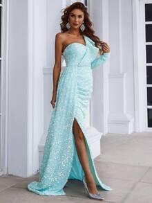 Missord One Shoulder Split Thigh Sequin Prom Dress - Mint Blue - View 3