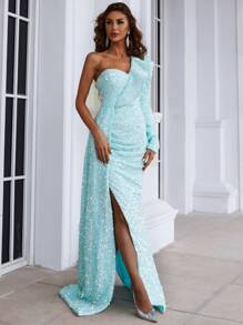 Missord One Shoulder Split Thigh Sequin Prom Dress - Mint Blue - View 4