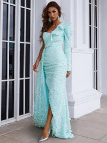 Missord One Shoulder Split Thigh Sequin Prom Dress - Mint Blue - View 5