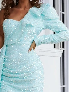 Missord One Shoulder Split Thigh Sequin Prom Dress - Mint Blue - View 7