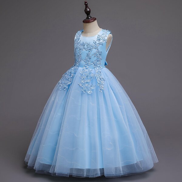 

Girls Appliques Pearls Detail Tie Back Gown Dress, Baby blue