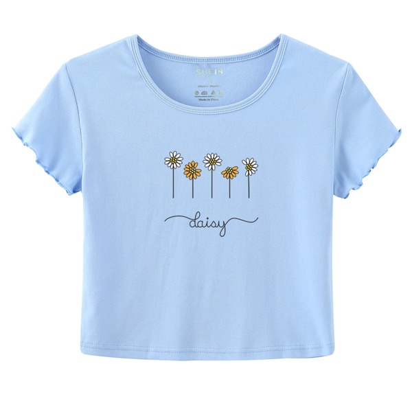 

Floral Print Lettuce Trim Crop Tee, Baby blue