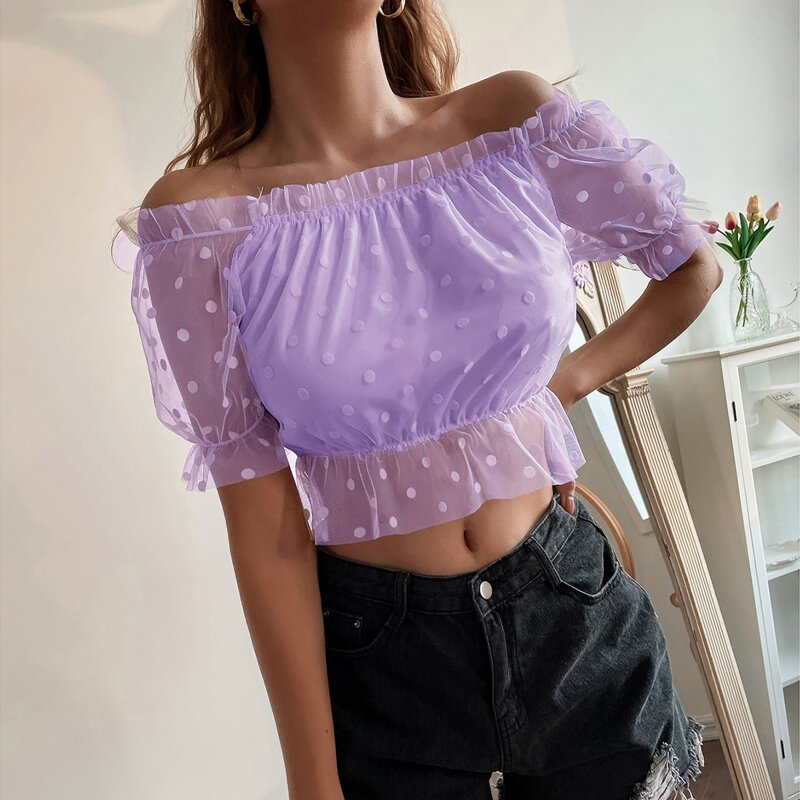 

Dobby Mesh Ruffle Hem Bardot Blouse, Lilac purple