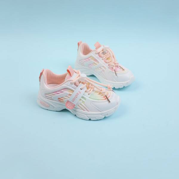 

Girls Letter Tape Decor Lace-up Front Chunky Sneakers, Baby pink