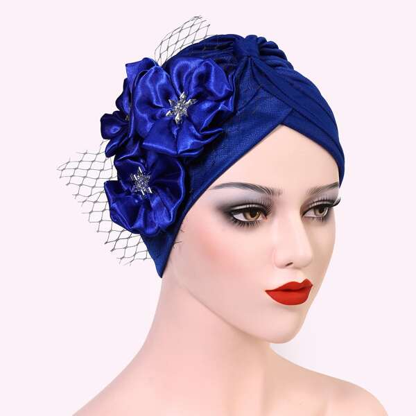 

Flower Decor Wrap Hat, Blue