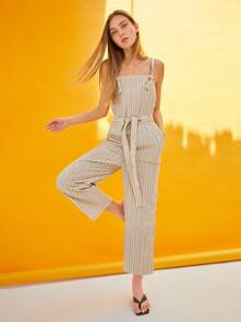 SHEIN Jumpsuit overol de rayas con cinturón - Multicolor - Ver 1
