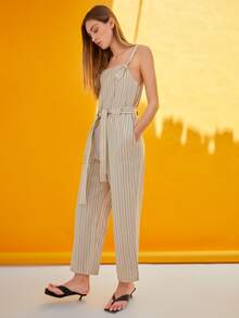 SHEIN Jumpsuit overol de rayas con cinturón - Multicolor - Ver 3
