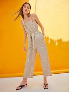 SHEIN Jumpsuit overol de rayas con cinturón - Multicolor - Ver 4
