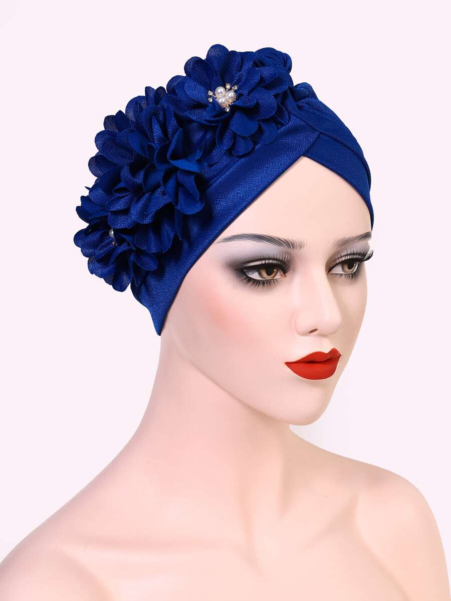 Flower Decor Wrap Hat - Blue - View 1