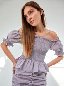 SHEIN VCAY Off Shoulder Flounce Sleeve Shirred Peplum Top - Multicolor - View 3