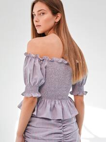 SHEIN VCAY Off Shoulder Flounce Sleeve Shirred Peplum Top - Multicolor - View 4