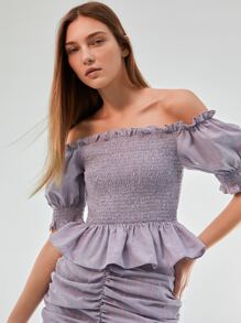 SHEIN VCAY Off Shoulder Flounce Sleeve Shirred Peplum Top - Multicolor - View 5