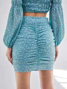 SHEIN Polka Dot Ruched Skirt - Dusty Blue - View 2