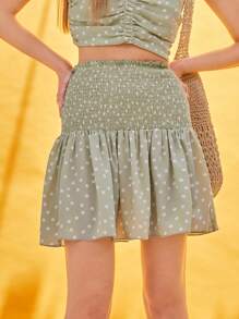 SHEIN VCAY Shirred Waist Ruffle Hem Polka Dot Skirt - Mint Green - View 1
