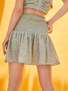 SHEIN VCAY Shirred Waist Ruffle Hem Polka Dot Skirt - Mint Green - View 2