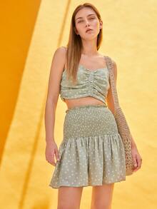 SHEIN VCAY Shirred Waist Ruffle Hem Polka Dot Skirt - Mint Green - View 3