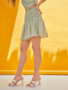 SHEIN VCAY Shirred Waist Ruffle Hem Polka Dot Skirt - Mint Green - View 4