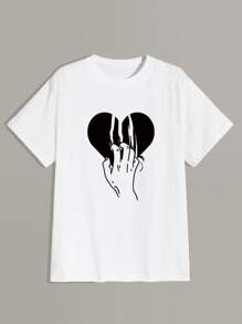 ROMWE MEN Guys Heart & Hand Graphic Tee - White - View 1