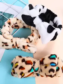 可愛豹紋蝴蝶結髮帶-女士和女孩彈性髮帶-面部SPA洗臉化妝髮飾