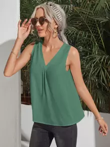 SHEIN Clasi V-neck Solid Top - Green - View 4
