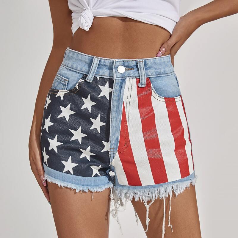 

High Waist Flap Print Denim Shorts, Multicolor