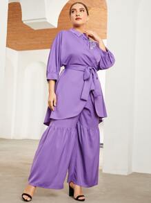 Modelyn Plus Rhinestone Detail Self Belted Blouse & Ruffle Hem Trousers Set - Violet Purple - View 1