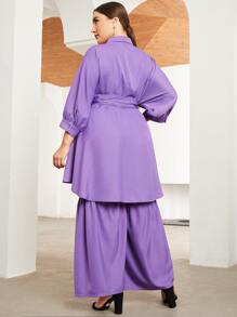 Modelyn Plus Rhinestone Detail Self Belted Blouse & Ruffle Hem Trousers Set - Violet Purple - View 2