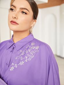 Modelyn Plus Rhinestone Detail Self Belted Blouse & Ruffle Hem Trousers Set - Violet Purple - View 4