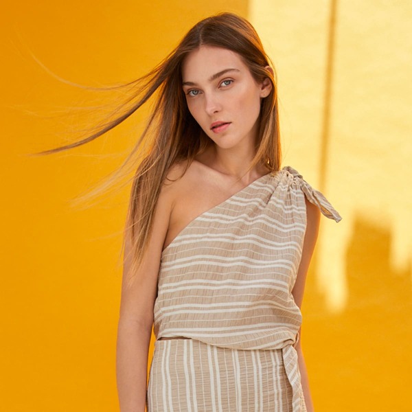 

Knot One Shoulder Striped Top, Apricot