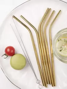 6pcs Stainless Steel Straw & 2pcs Brush - Gold - View 1