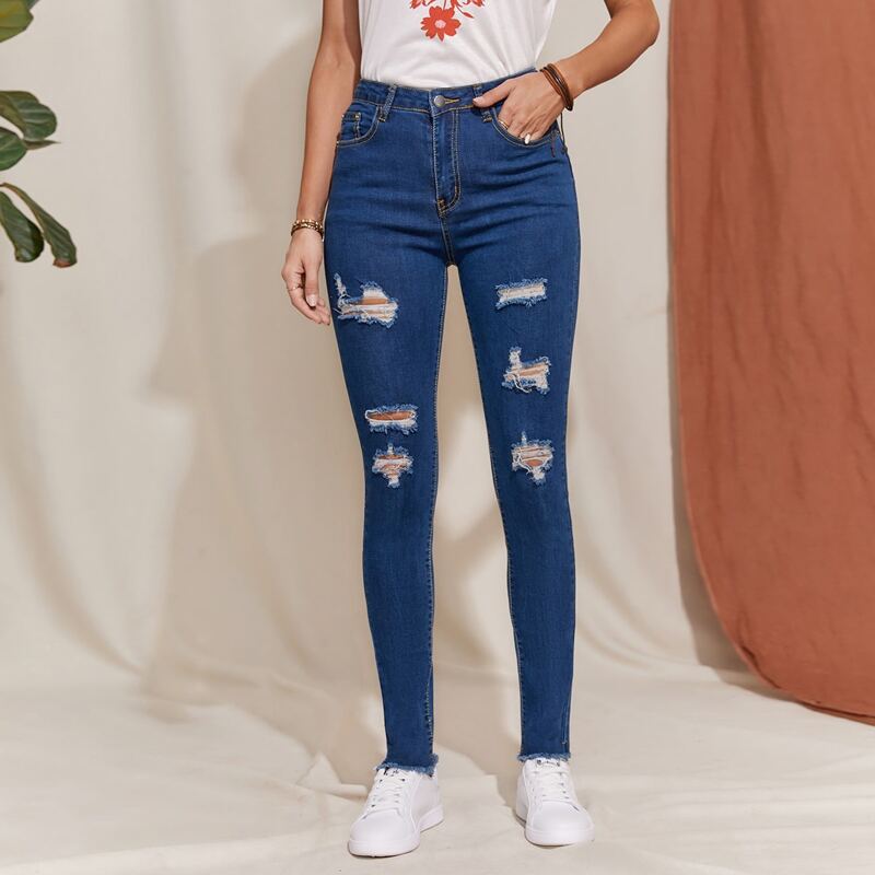 

High Stretch Distressed Skinny Jeans, Medium wash